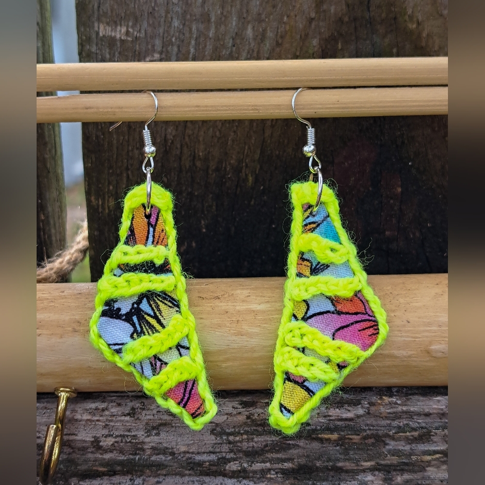 Crochet Earrings Neon Yellow Hand Dyed Yarn Floral Cotton